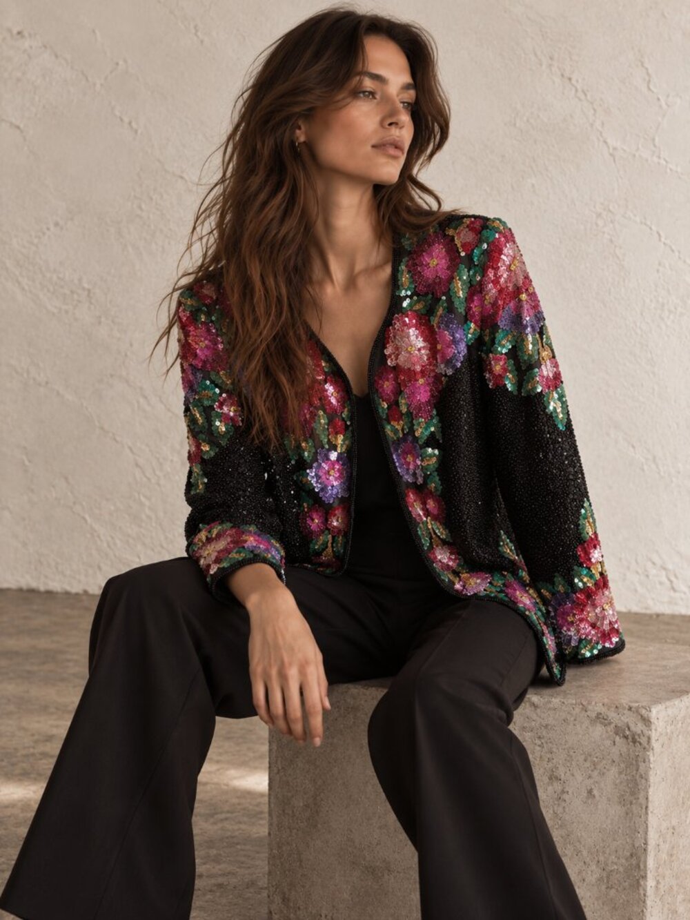 Vintage Silk Beaded Sequin Floral Blazer | Embellished Jacket